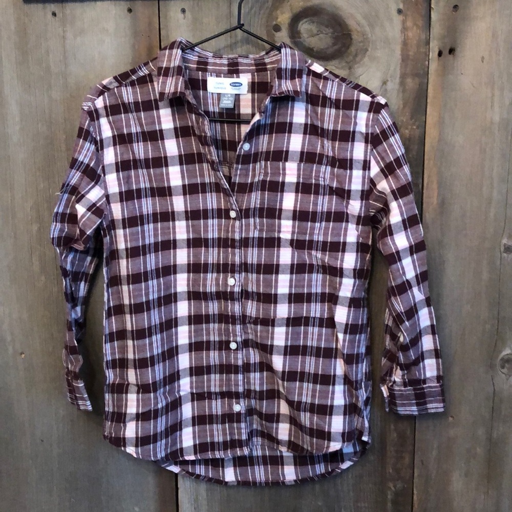 Old Navy Plaid Tunic Button Up in Burgundy Pink Size Large 10-12 Girls